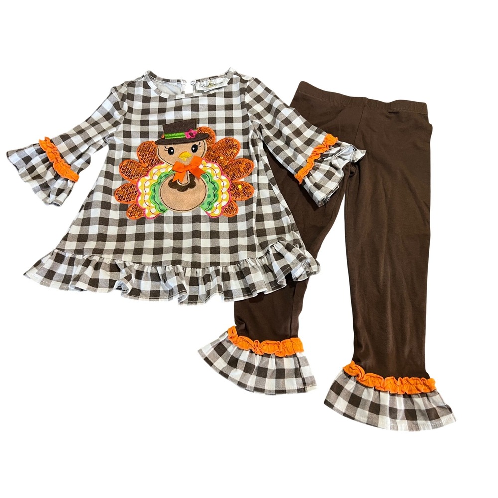 Rare Editions Brown Gingham Turkey Sequin Tunic & Leggings Set 4T thanksgiving